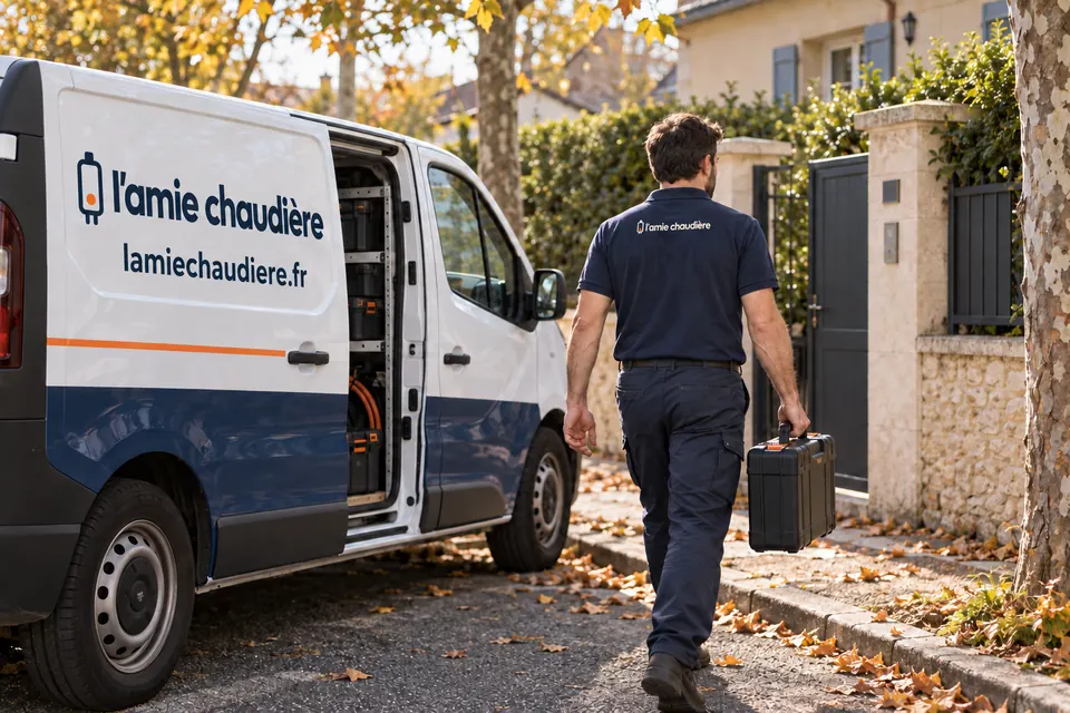 Technicien marchant vers une maison, sa mallette à la main, camionnette L’amie Chaudière ouverte derrière lui