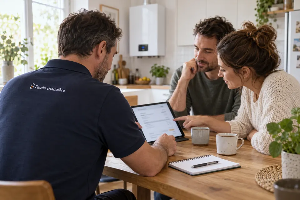 Chauffagiste présentant un devis sur tablette à un couple dans sa cuisine